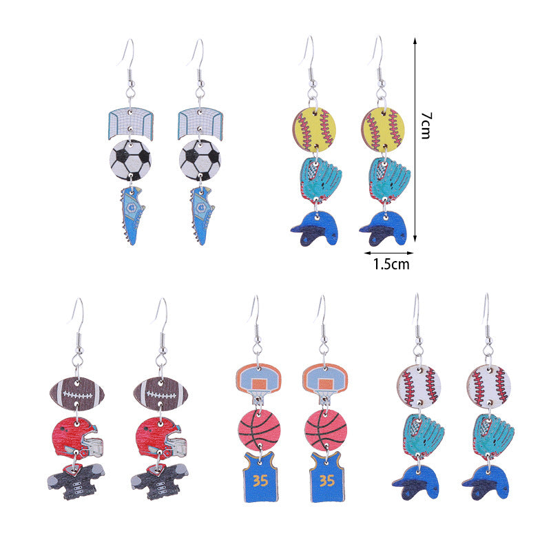 Wholesale Sports Style Baseball Rugby Basketball Soccer Long Wooden Earrings