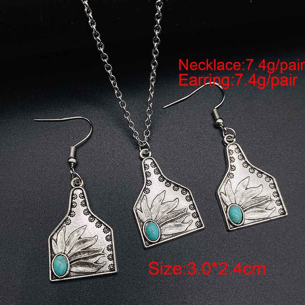 Wholesale Trendy Western Turquoise Cactus Cattle Head Earrings &  Necklace Set Jewelry Accessory