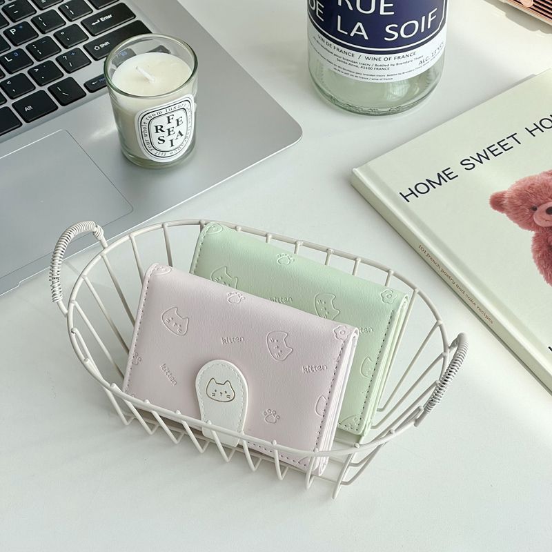 Wholesale Trendy PU Women' s Short Wallet with Pink Cat Pattern,  Fresh Sweet Folding Purse,  Boutique Resale Accessory