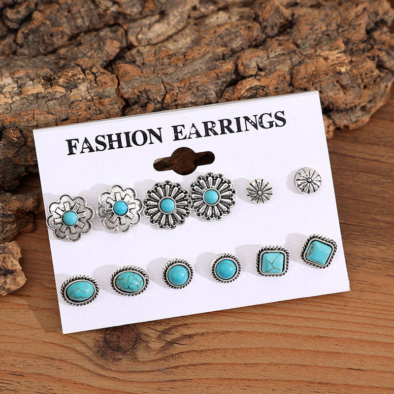 Wholesale Western wind geometric multi-piece set of turquoise earrings