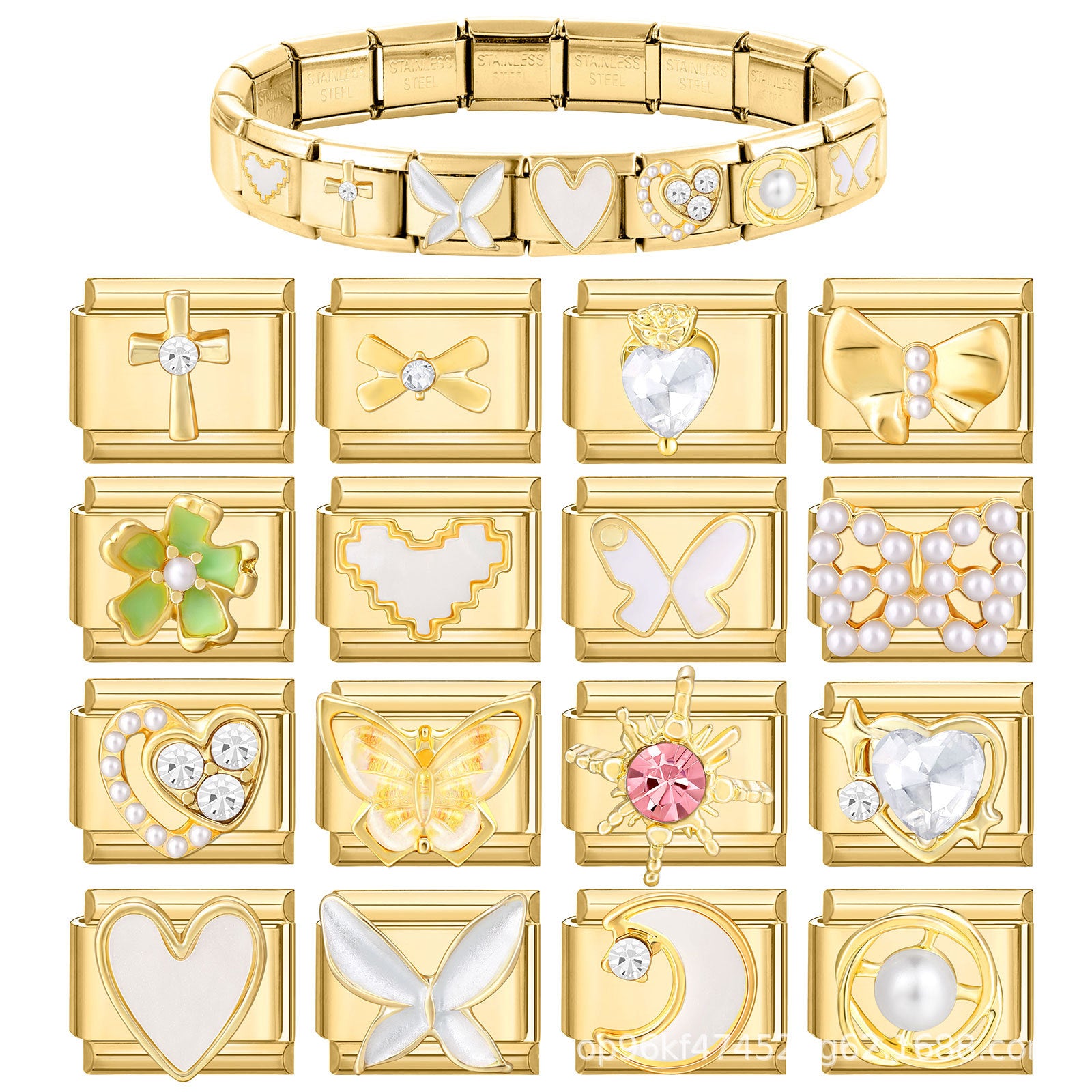 Wholesale Stainless Steel Modular Bracelet with Gold Base and Diamond-Style Charms Fashion Accessory