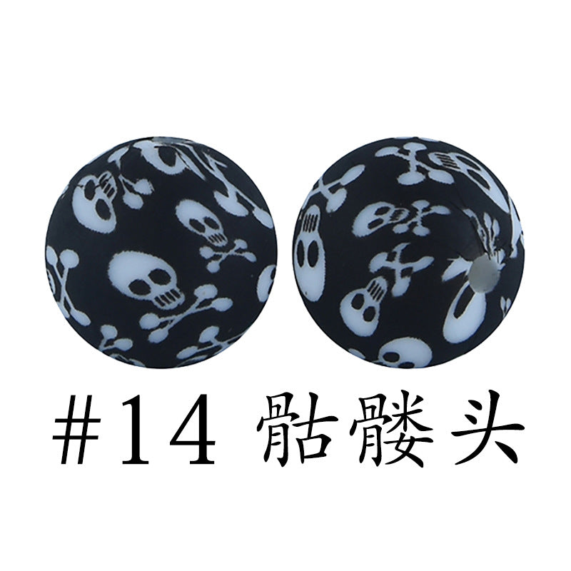Wholesale 50pcs Western Style Leopard Skull Color Aztec Printed Silicone Balls Beads ACC-BDS-HeSheng007