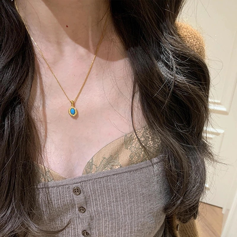 Wholesale  Retro Blue Oval Geometric Pendant Necklace