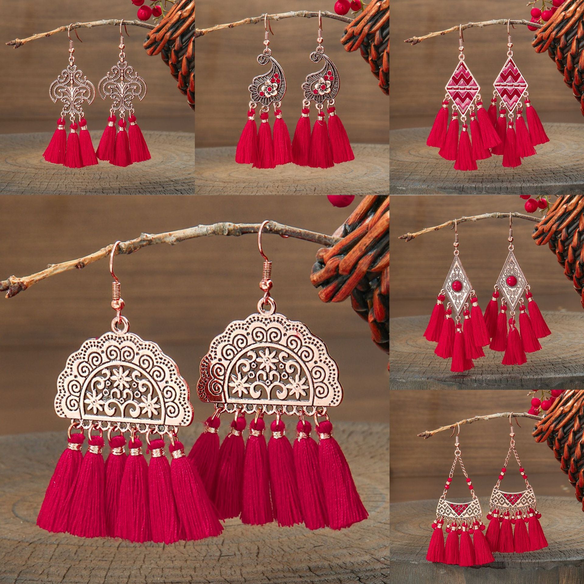 Wholesale Chinese Style Red Tassel Earrings Retro Medieval Festive Jewelry Accessory