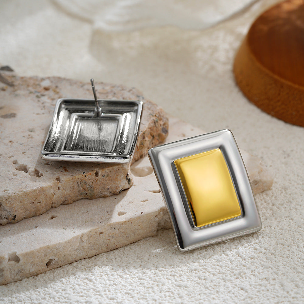 Wholesale 18K gold and silver two-color geometric rectangular exaggerated large earrings