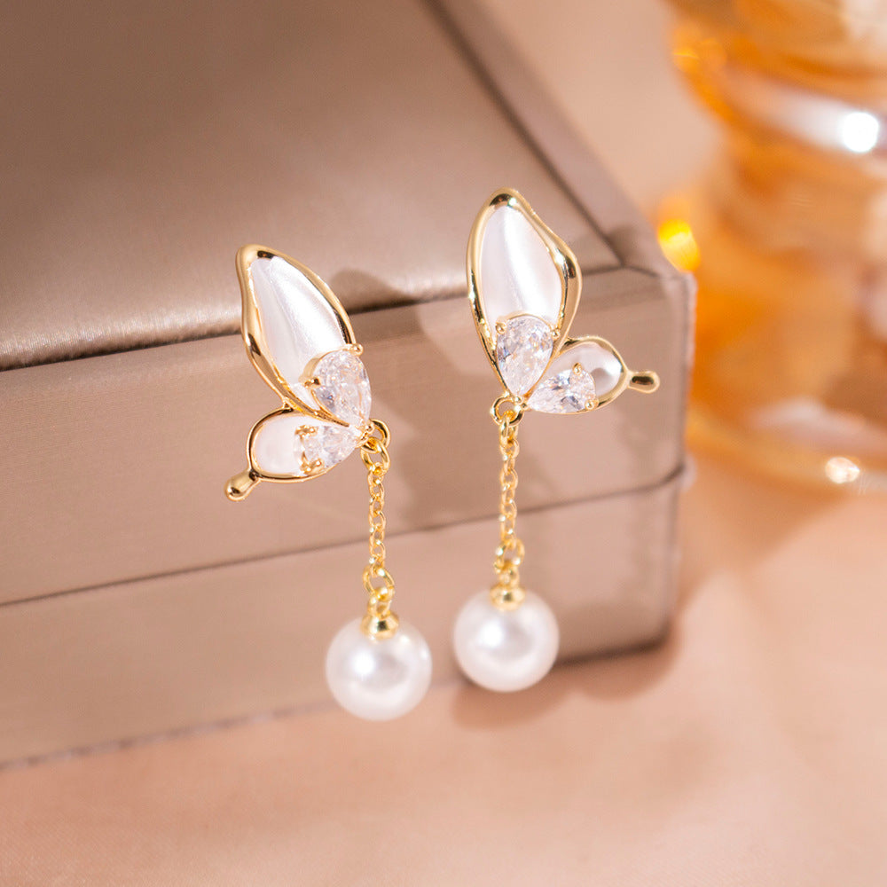 Wholesale  Zircon Butterfly Pearl Ear Clip Light Luxury Elegant  Earrings
