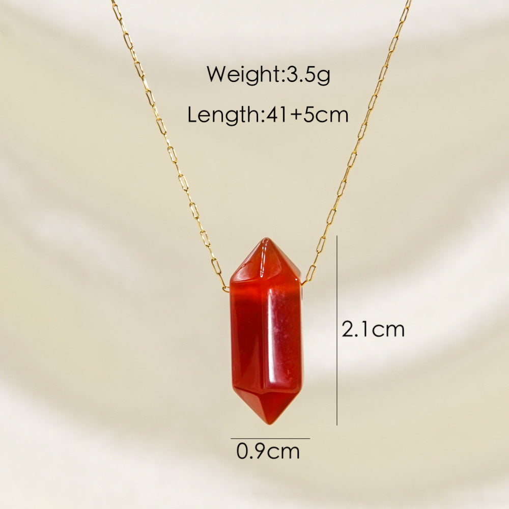 Wholesale Natural Crystal Double-pointed Multi-faceted Hand-polished Hexagonal Prism Pendant Stainless Steel Necklace