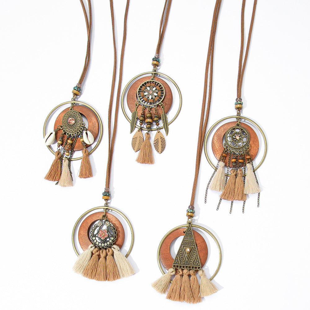 Wholesale Zinc Alloy Bohemian Ethnic Style Long Necklace with Wooden Tassel