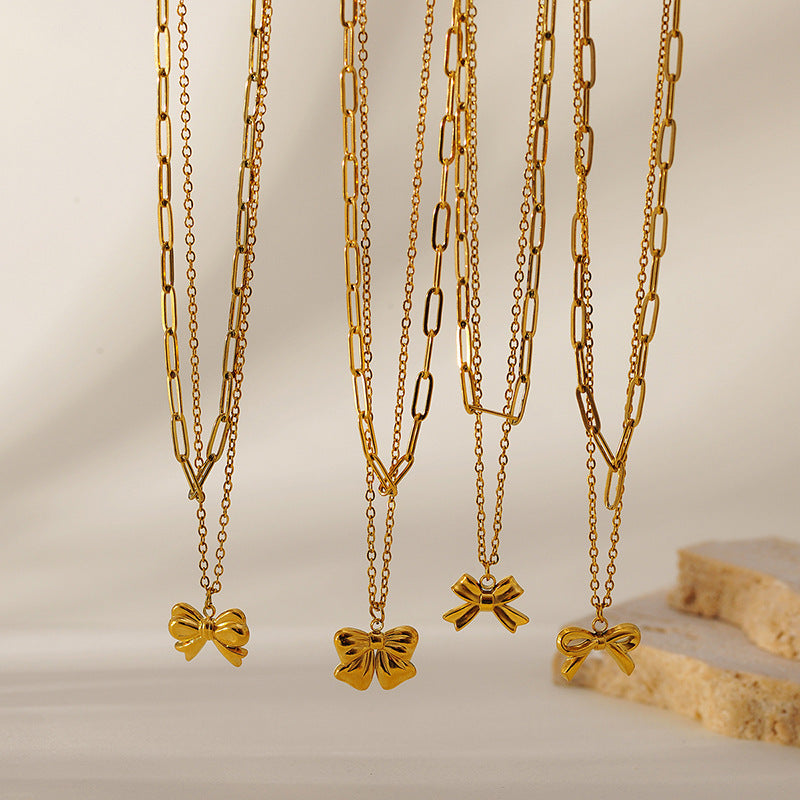 Wholesale Titanium Steel 18k Golden Bow Chain Double Butterfly Pendant Necklace