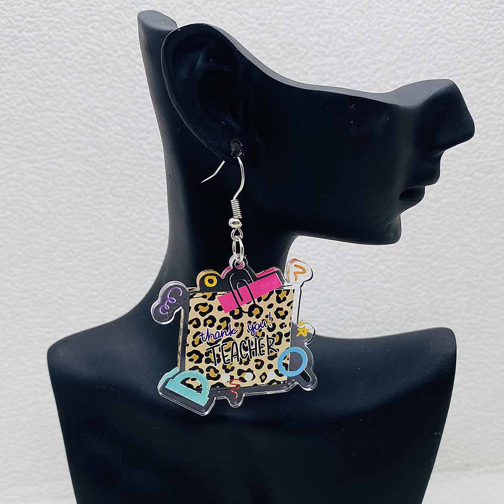 Wholesale Teacher' s Day Leopard Print Pencil Ruler Acrylic Earrings