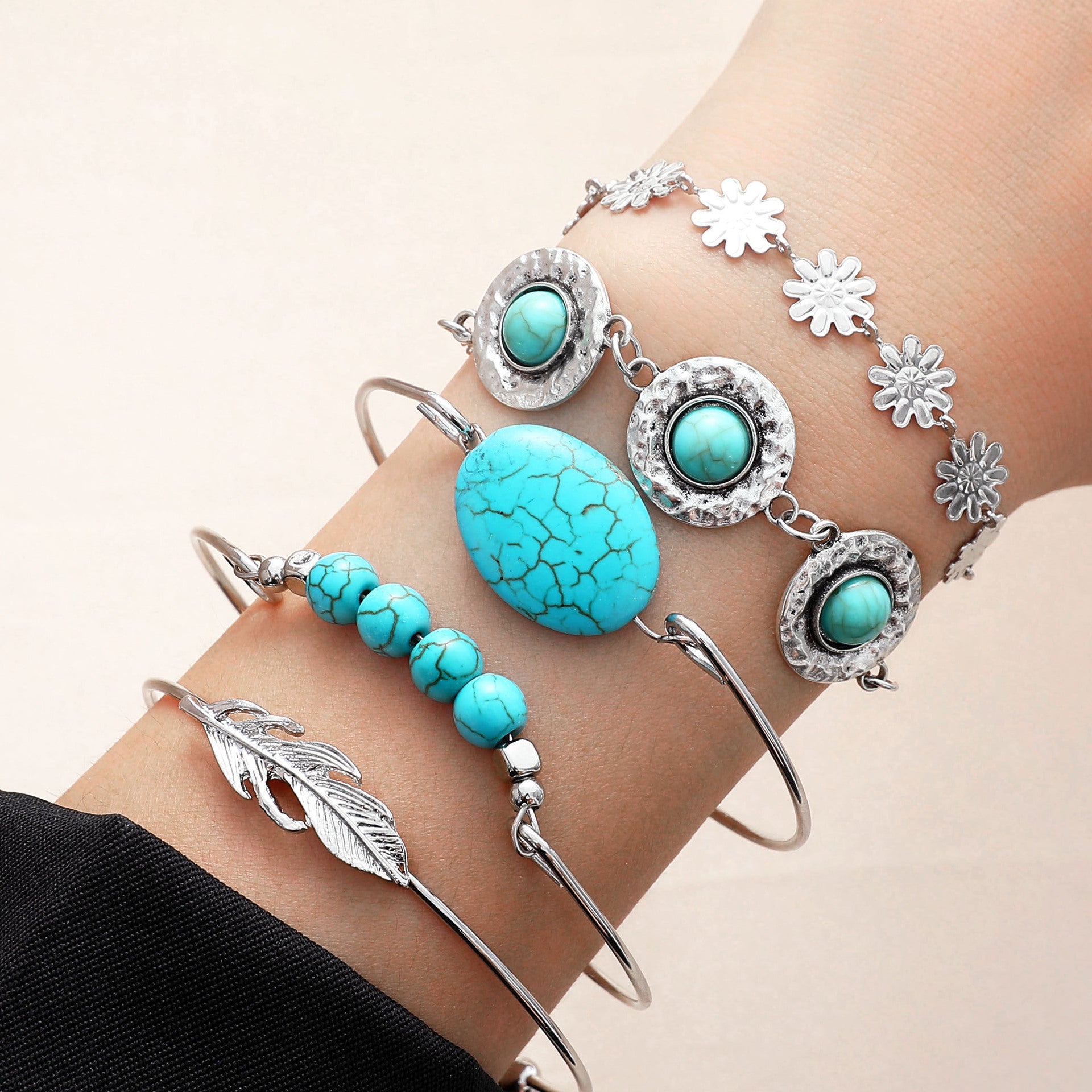 Wholesale Retro Ethnic Style Imitation Turquoise Cactus Tag Bracelet Set - Chic Fashion Accessory Gift