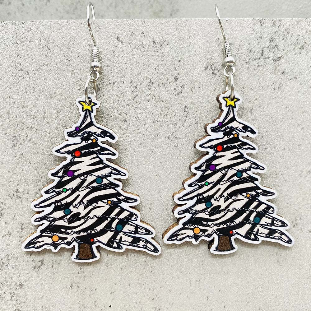 Wholesale Christmas Leopard Print Lights Christmas Tree Wood Earrings ACC-ES-ChenY086
