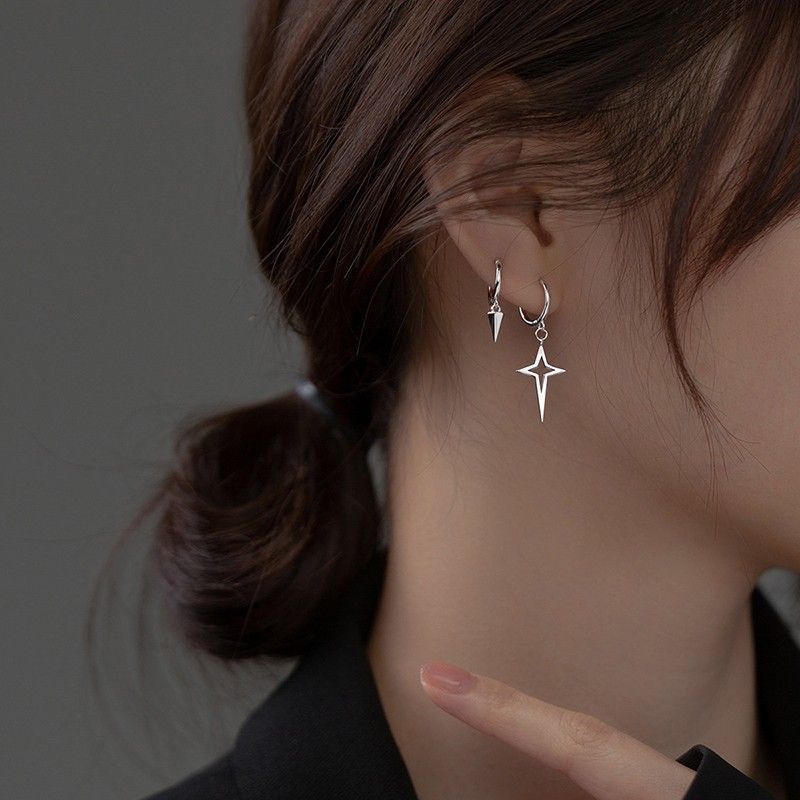 Wholesale asymmetric s925 silver tapered four-pointed star earrings