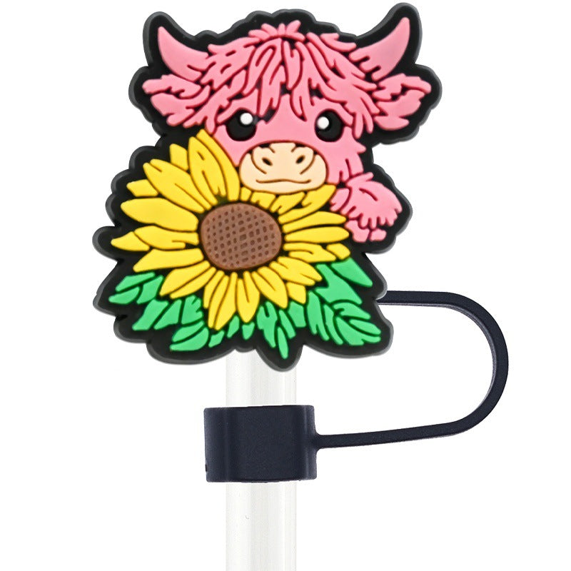 Wholesale Random 100pcs Cartoon Highland Cow  10mm PVC Soft Straw Tube Cap