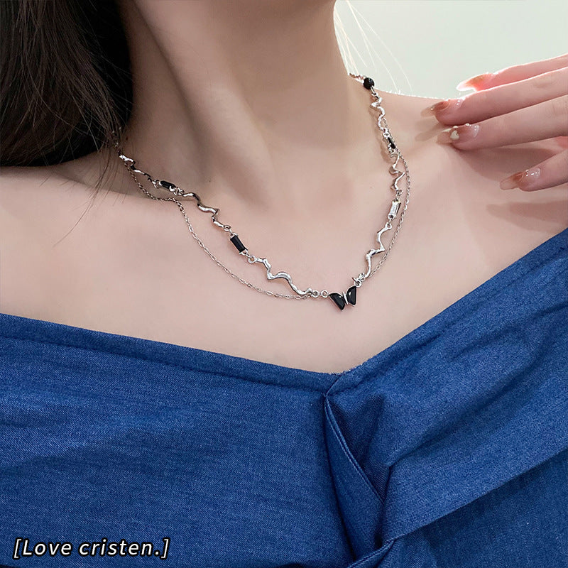 Wholesale Stainless steel Double-layer black butterfly necklace  Light luxury  clavicle chain