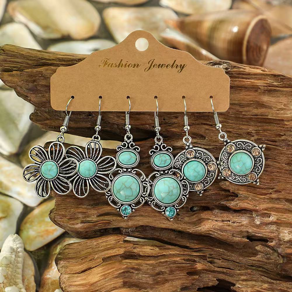 Wholesale Ethnic Style Turquoise Drop Earrings Zinc Alloy Electroplated Boutique Jewelry Accessory