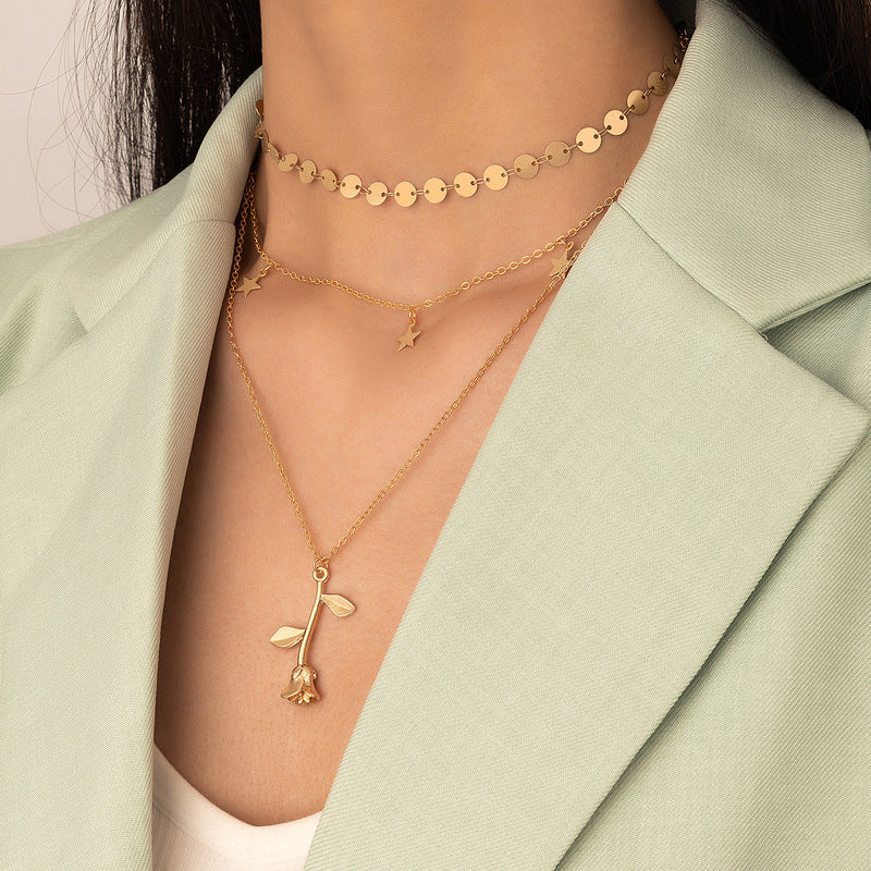 Wholesale Valentine's Day Tassel Five-pointed Star Rose Multi-layer Disc Gold Necklace ACC-NE-YongGe021