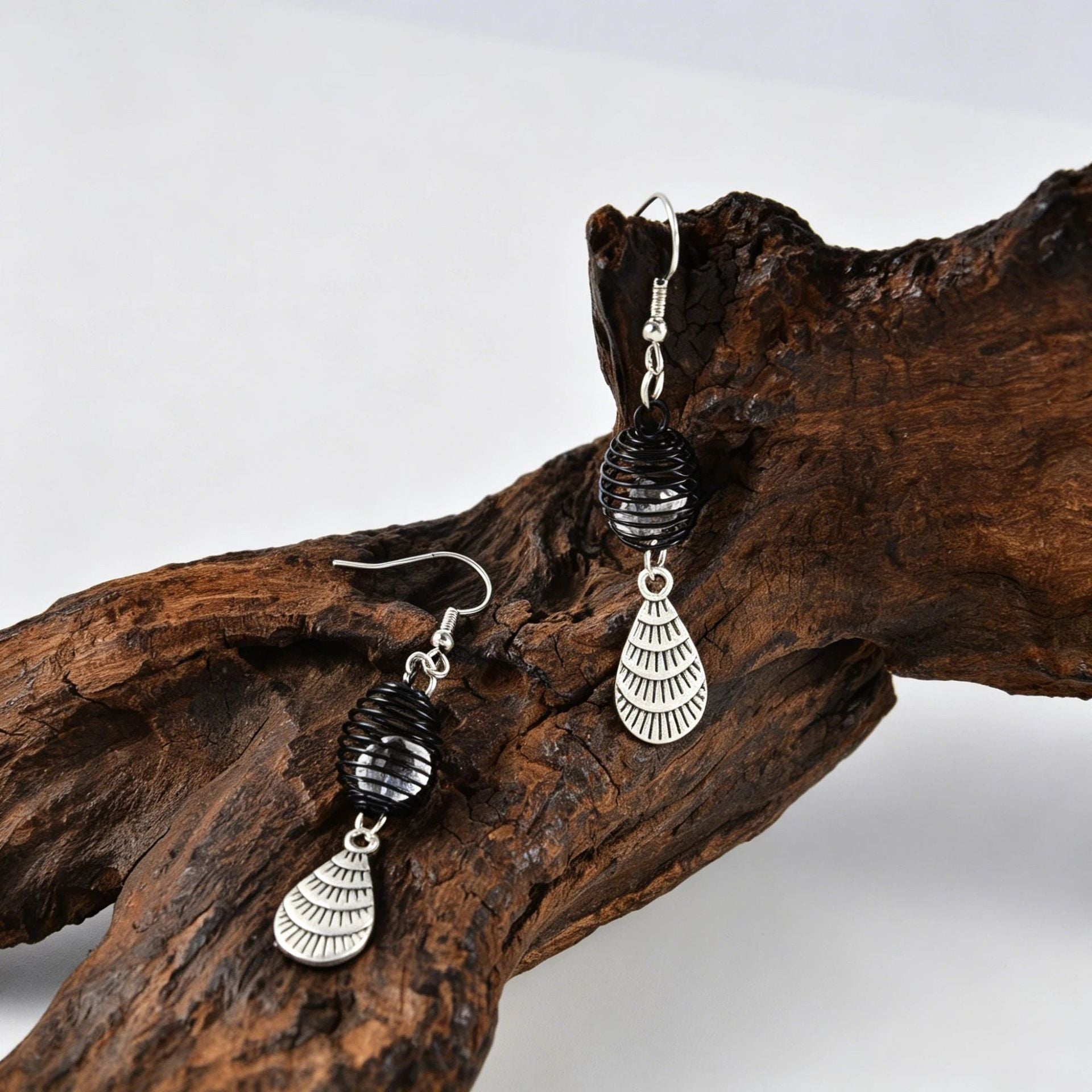 Wholesale Cross-Border European and American Retro Bohemian Black Coil Fan-Shaped Pendant Earrings with a Light Luxury and High-End Feel,  Featuring Embedded Diamond Ear Hooks