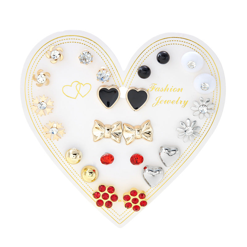 Wholesale month combination earrings 12 pairs of flowers love stars and moon diamond  earrings suit