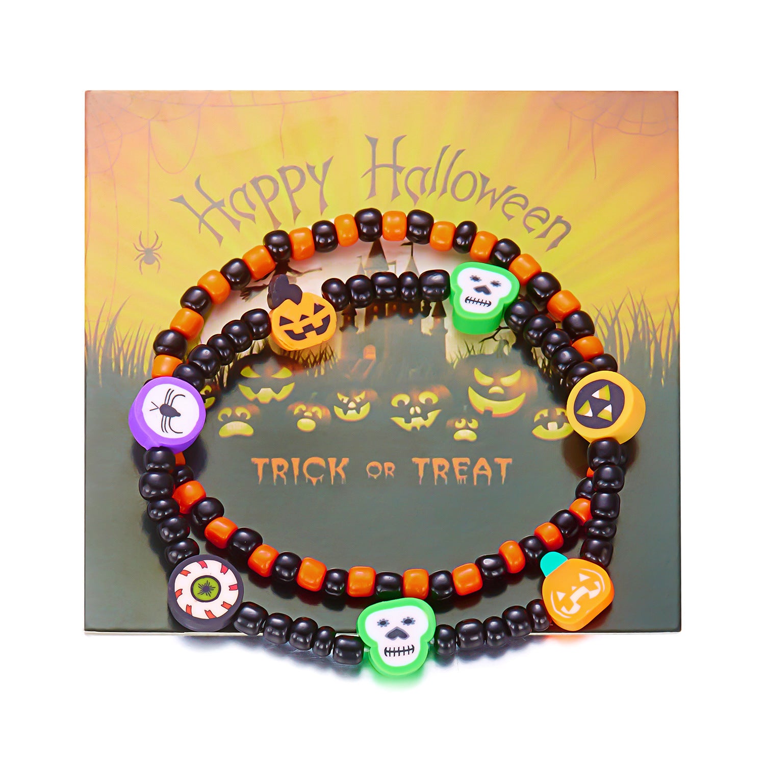 Wholesale rice beads orange pumpkin skull pendant hand jewelry set