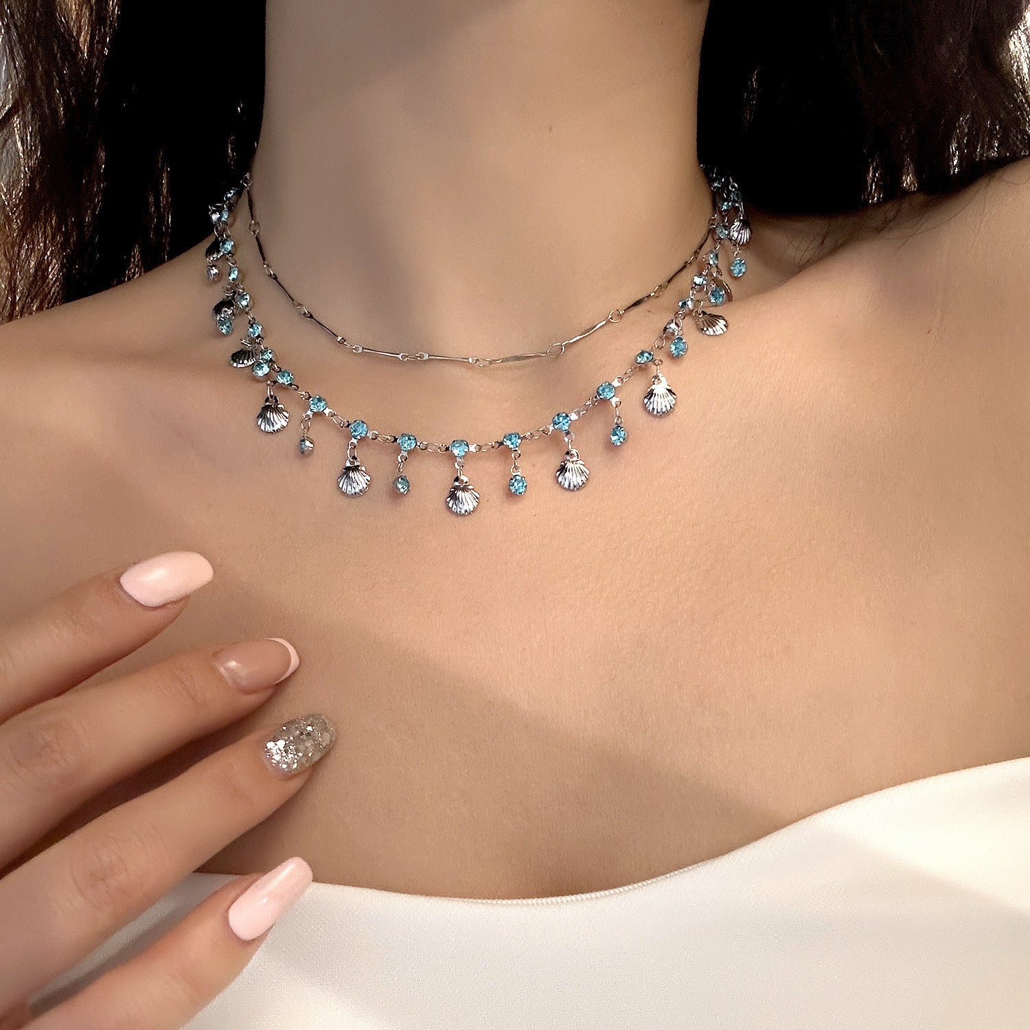 Wholesale  Blue Double-layer Butterfly Stacked Necklace