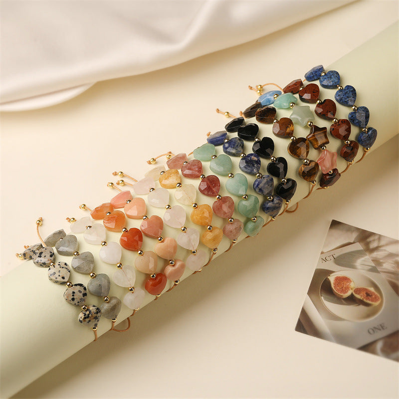 Wholesale Handmade INS Style Minimalist Woven Heart Bracelet Adjustable Copper With Tiger Eye Pink Crystal Green Aventurine Fashion Accessory Gift