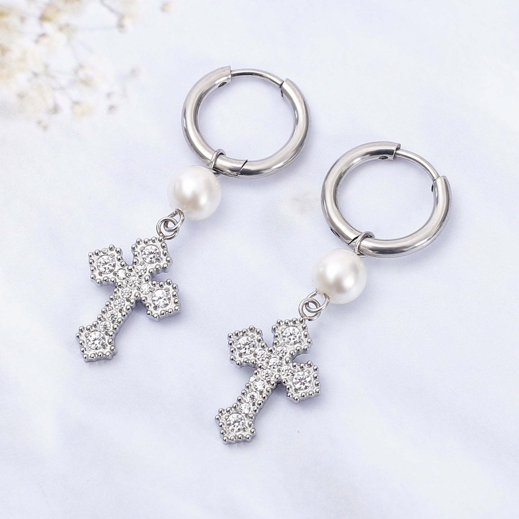 Wholesale Stainless steel zircon cross earrings