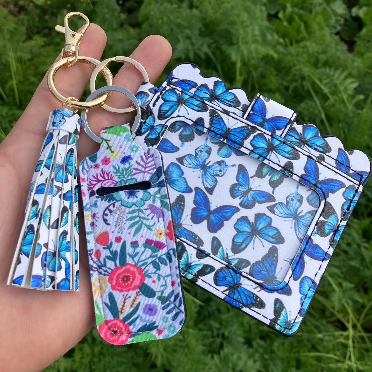 Wholesale Leopard Print Sunflower Butterfly Lipstick Case Card Holder Keychain Wristlet Keychain ACC-KC-QiuXue018