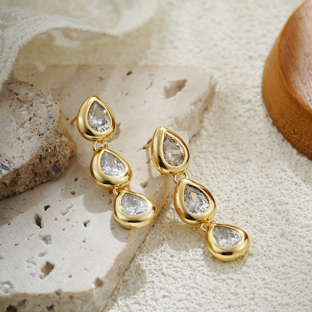 Wholesale 18K gold zircon water drop earrings retro long transparent tassel earrings