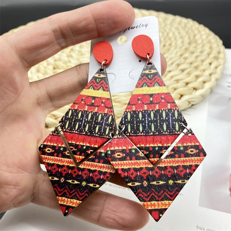 Wholesale Bohemian Ethnic Style Rhombus Wood Earrings ACC-ES-FX045