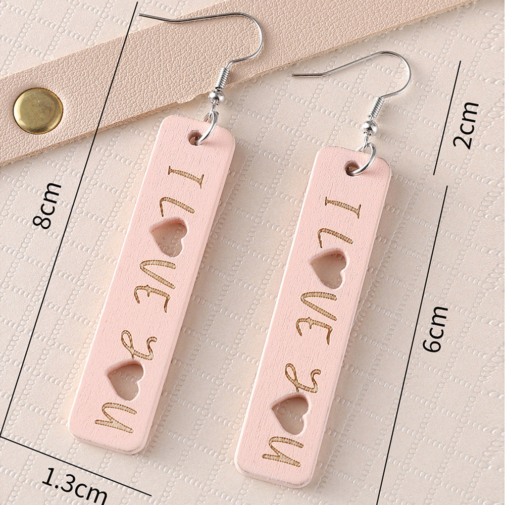 Wholesale Wooden Valentine' s Day hollow heart-shaped square earrings