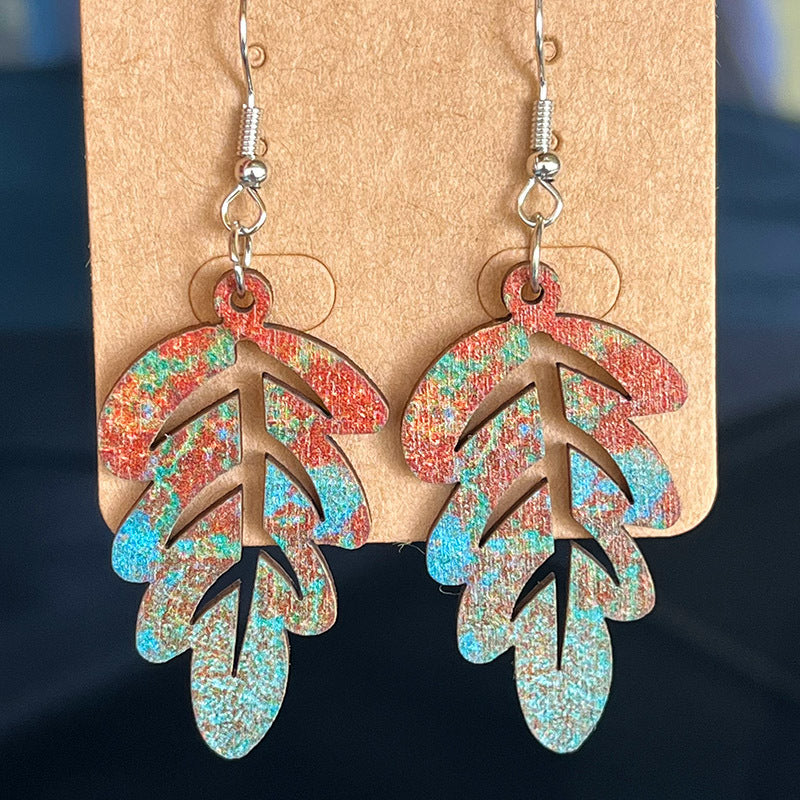 Wholesale Vintage Distressed Hollow Leaf Wooden Earrings Fashion Jewelry Accessory