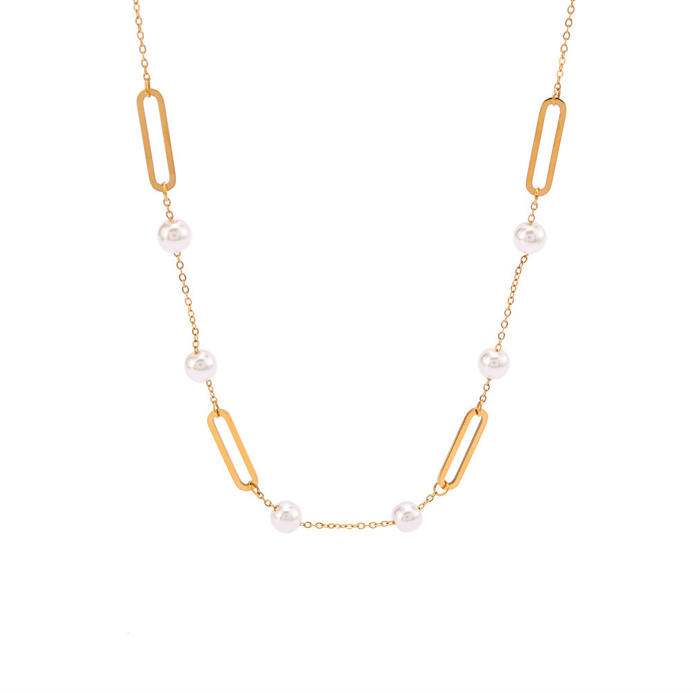 Wholesale Rectangular Hollow Pearl Titanium Steel 18k Gold Plated Necklace