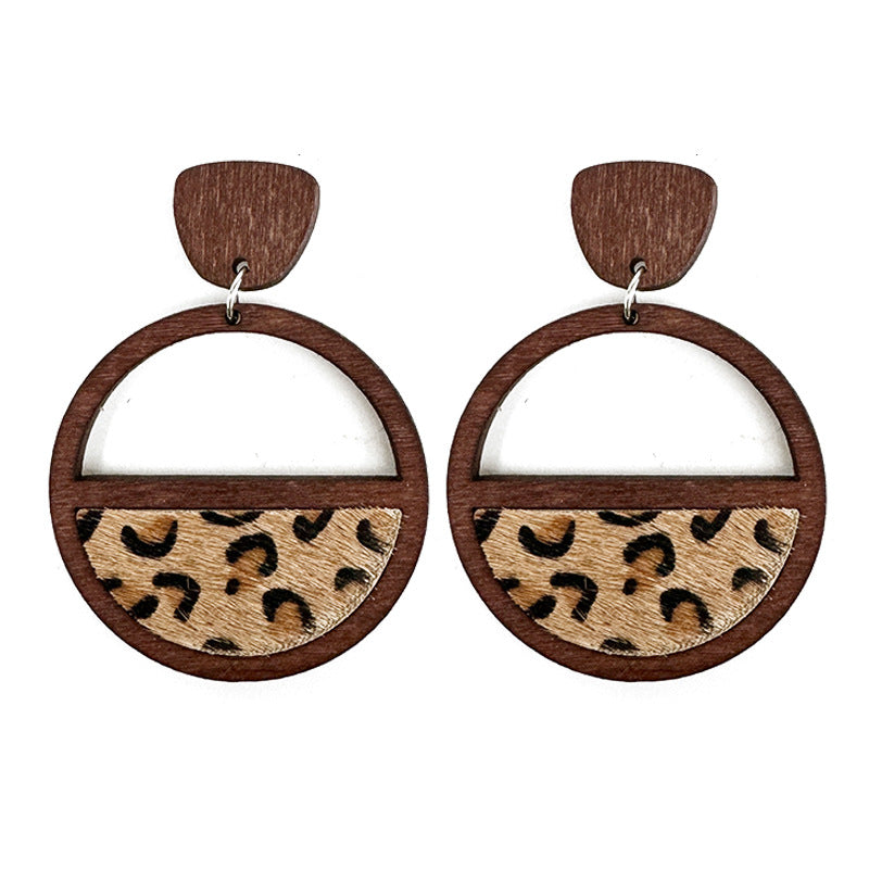 Wholesale  Western genuine leather earrings geometric stitching hollow inlaid leopard print earrings