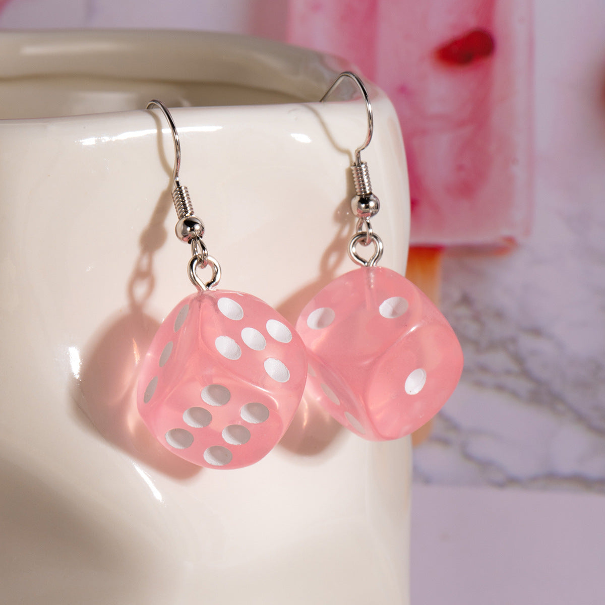 Wholesale Creative Three-dimensional Resin Pink Dice Ear Hook Light Luxury Earrings