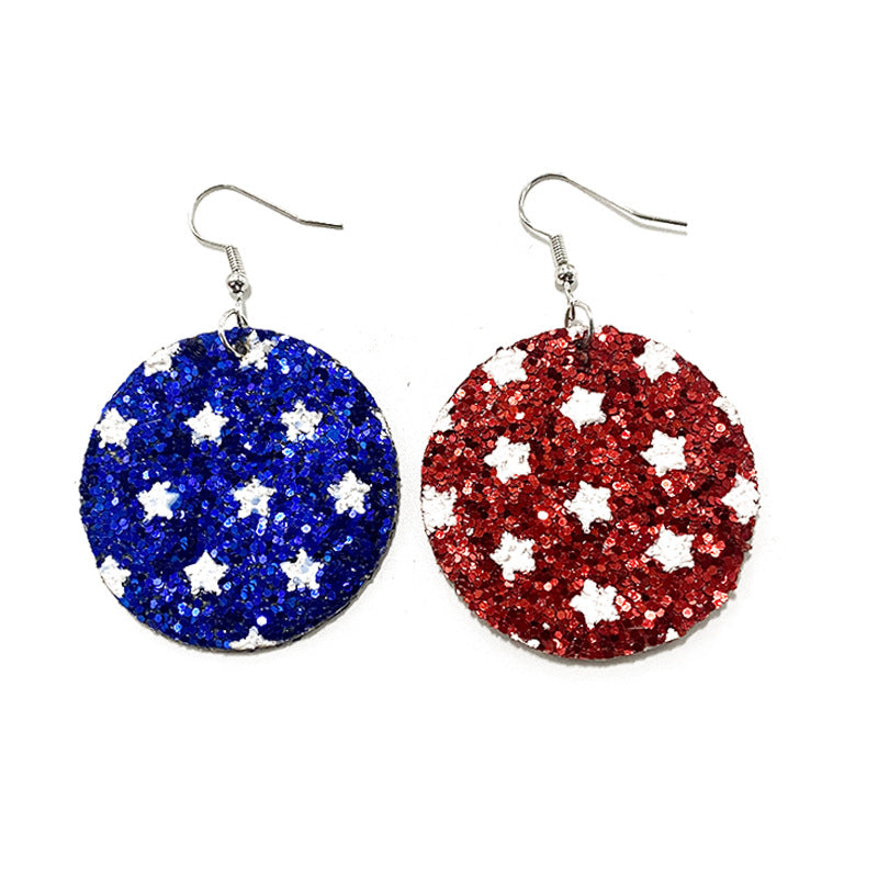 Wholesale American Independence Day Pentagram Glitter Asymmetrical Leather Earrings ACC-ES-XinChuan012