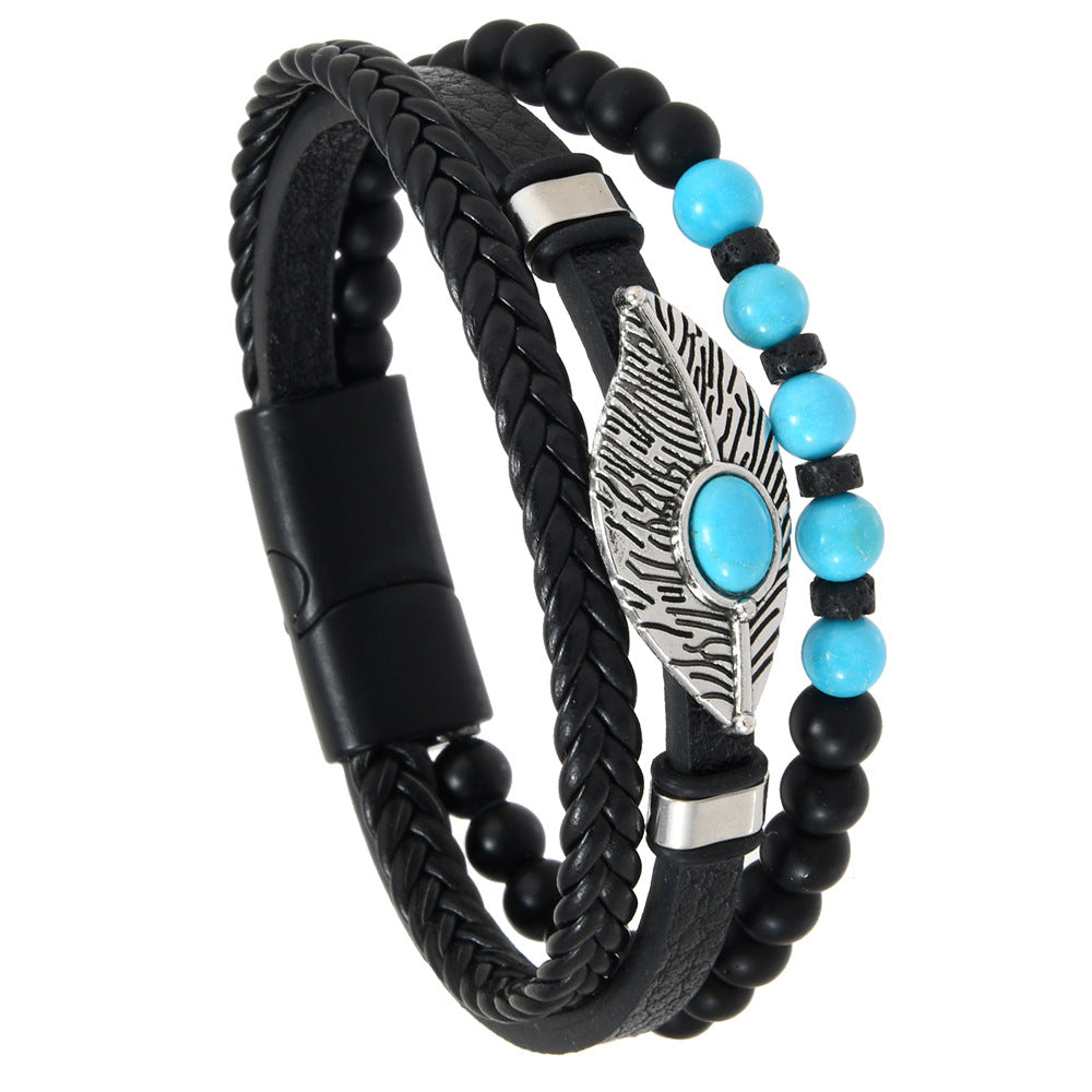 Wholesale Magnetic Buckle Alloy Bracelet with Feather Element and Turquoise Inlay for Men