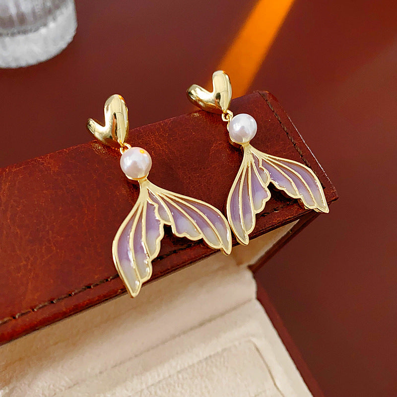 Wholesale Vintage Oil Dropping Fish Tail Love Pearl 925 Silver Earrings