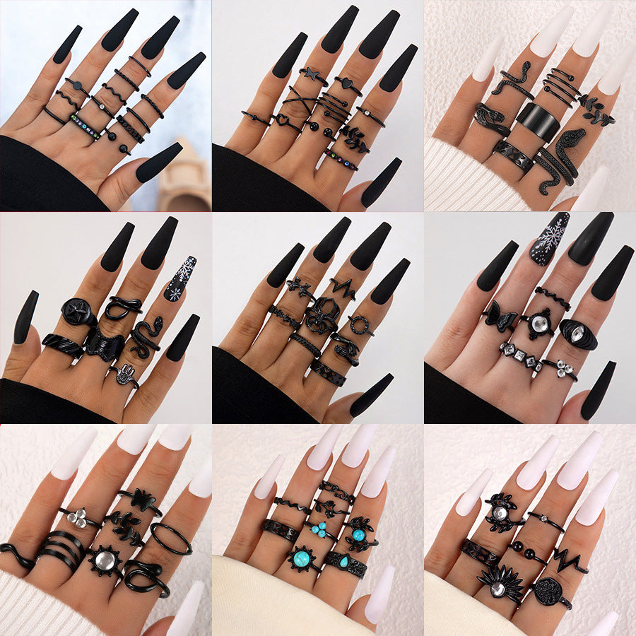 Wholesale Fashion Ring Set Spiral Stacking Black Gemstone Design Alloy Jewelry Accessory for Everyday Wear