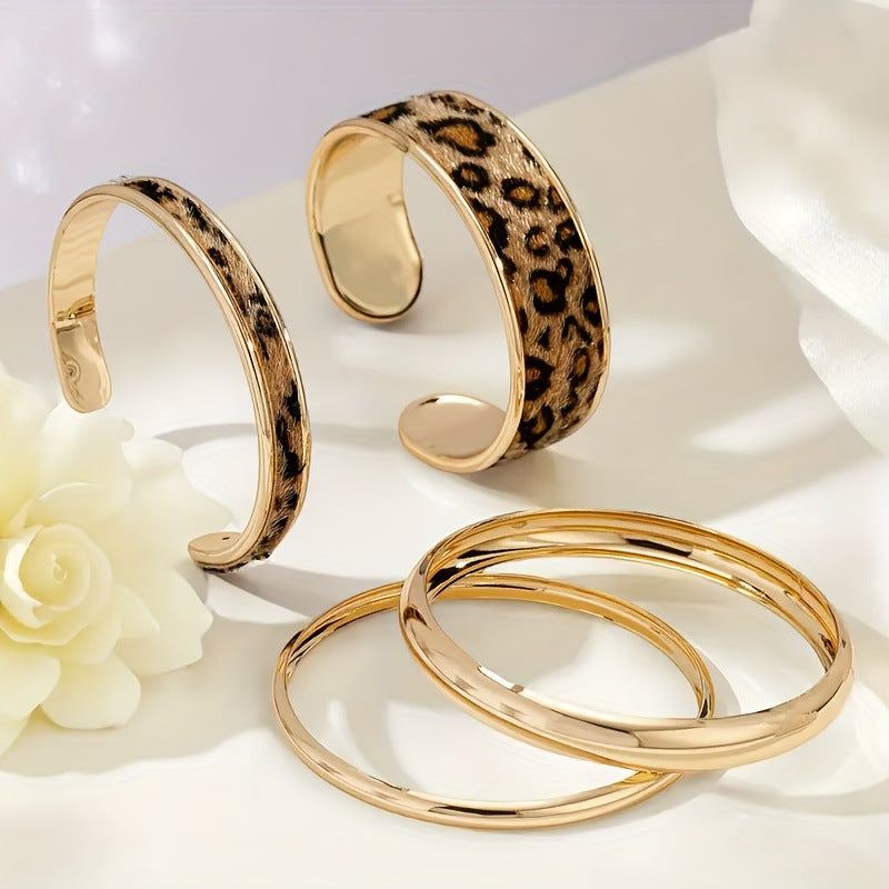 Wholesale 4 Piece Women S Leopard Print Stacking Bracelet Set Stylish Electroplated Jewelry Accessory For Everyday Wear Boutique Resale