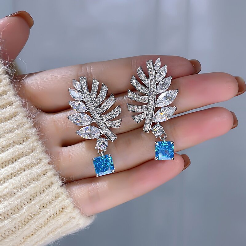 Wholesale Feather Leaf Zircon Blue Gemstone Earrings