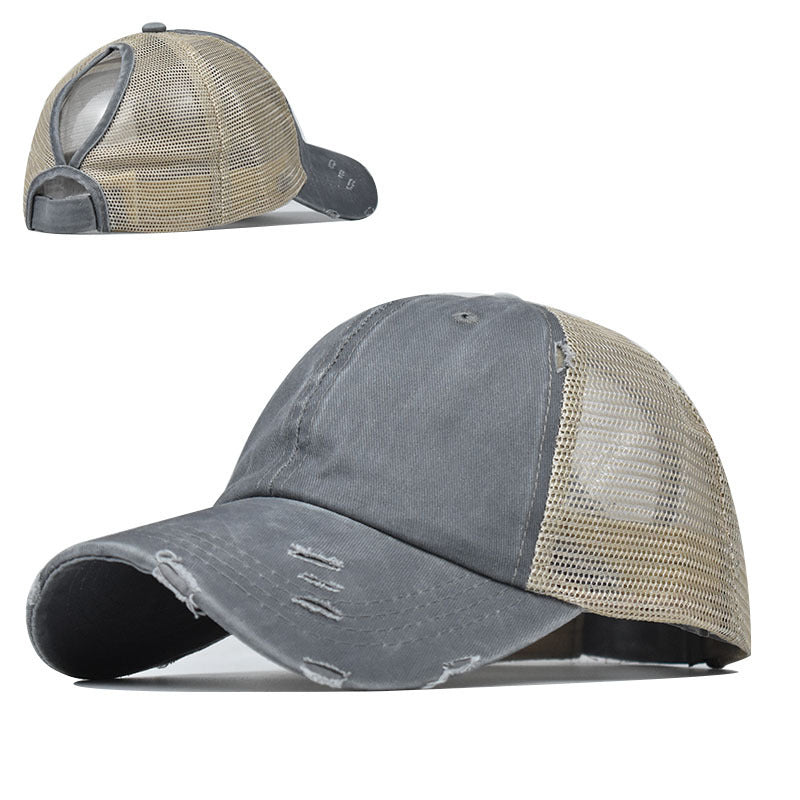 Wholesale Fashion Distressed Ponytail Baseball Cap For Women Curved Brim Adjustable Mesh Sun Hat Outdoor