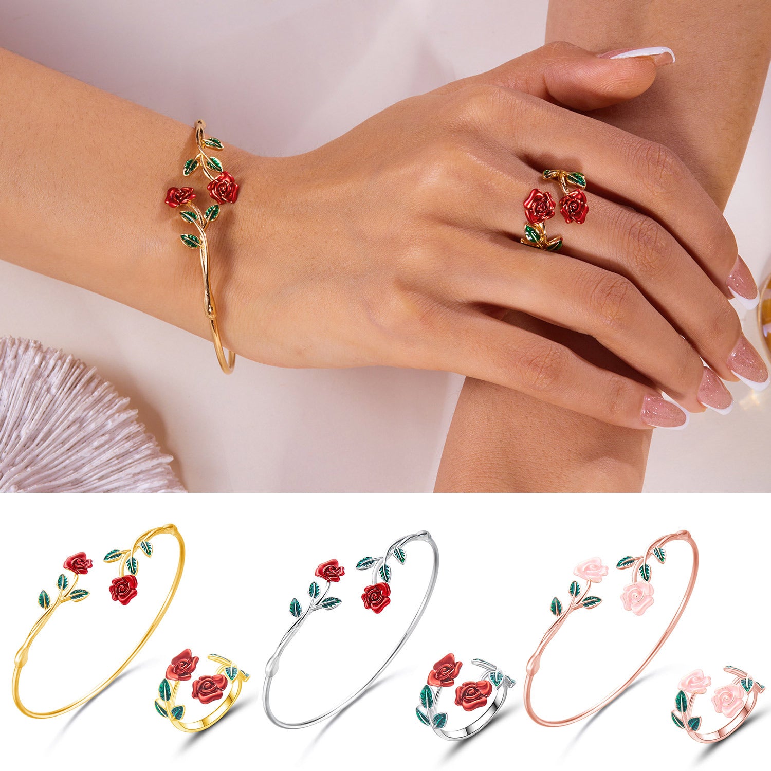 Wholesale Trendy Dripping Oil Gold Alloy Jewelry Set Ring And Bracelet For Women Gift