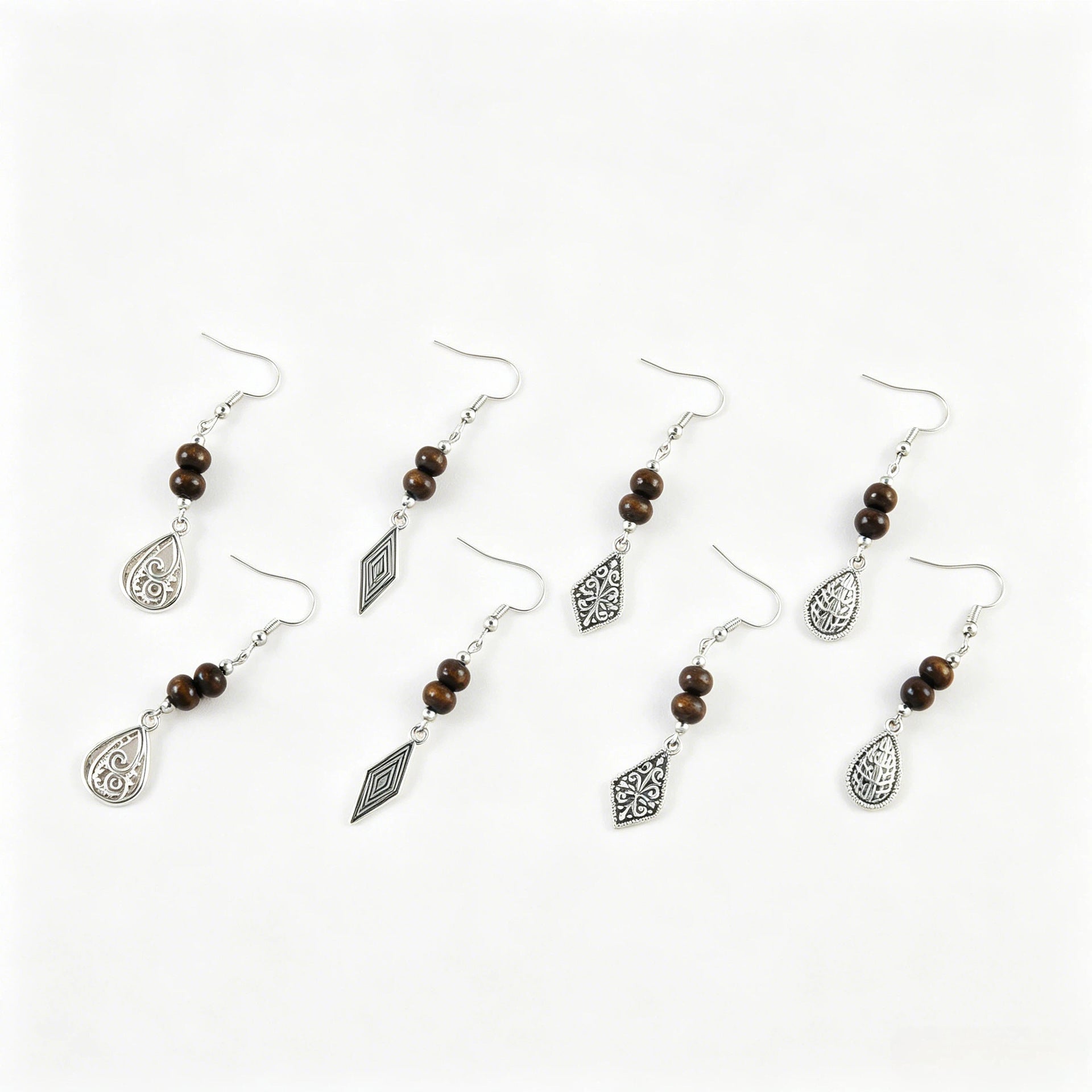 Wholesale Retro Wooden Bead Water Drop Earrings Rhombus Design Zinc Alloy Ear Hooks Literary Style Women S Jewelry Accessory For Gift And Resale