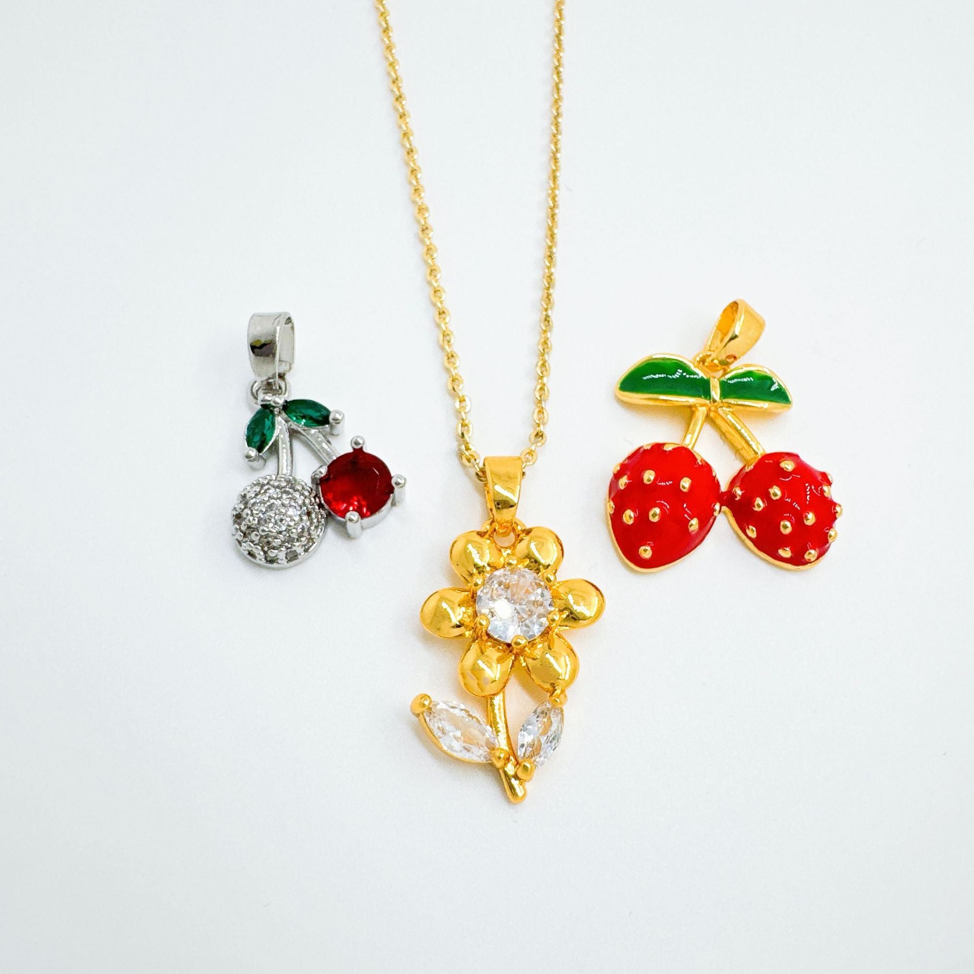 Wholesale Trendy Cherry Pendant Necklace,  Gold Plated Copper Zircon Jewelry Accessory