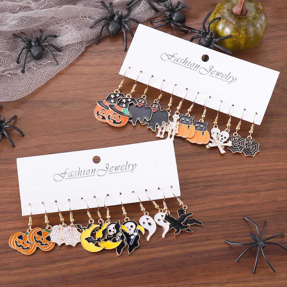 Wholesale Zinc Alloy Electroplated  Pumpkin Skull 6 Piece Pendant Earring Set Witch Ghost Theme Trendy Party Gift Jewelry Accessory