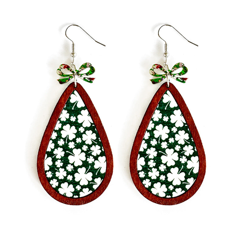 Wholesale Wooden St.  Patrick' s Day Bow Clover Earrings