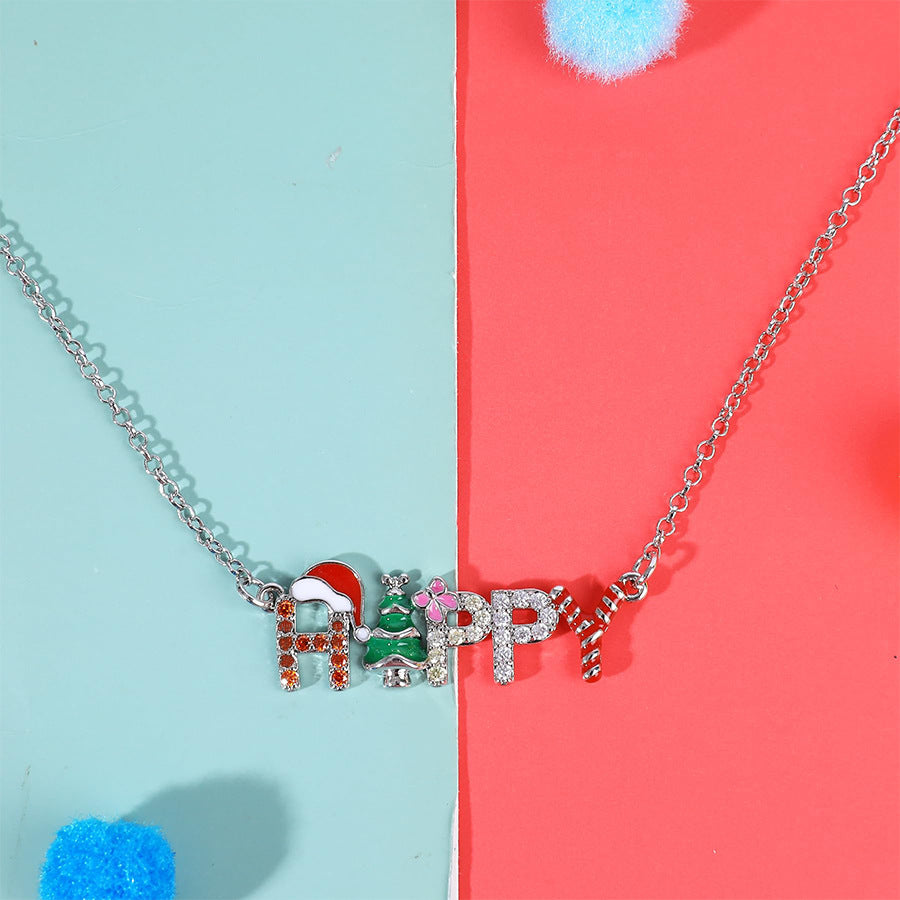 Wholesale  Christmas Letter Diamond Pendant Happy Oil Dripping Clavicle Chain  Necklace