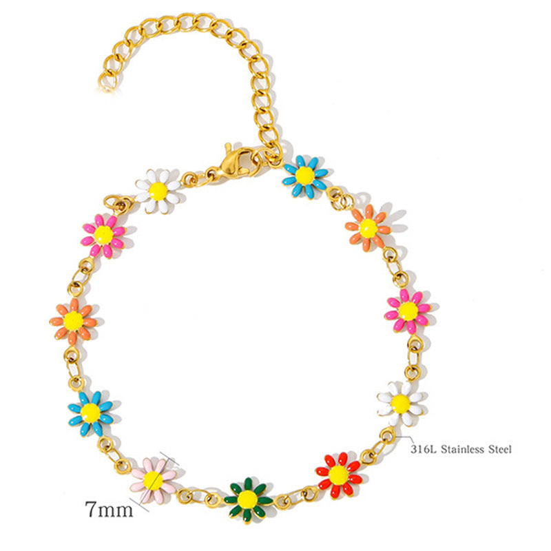 Wholesale European and American Cross-Border Bohemian Style Oil Dripping Small  Flower Clavicle Chain Necklace Women' s Flower Painted Oil Dripping Necklace