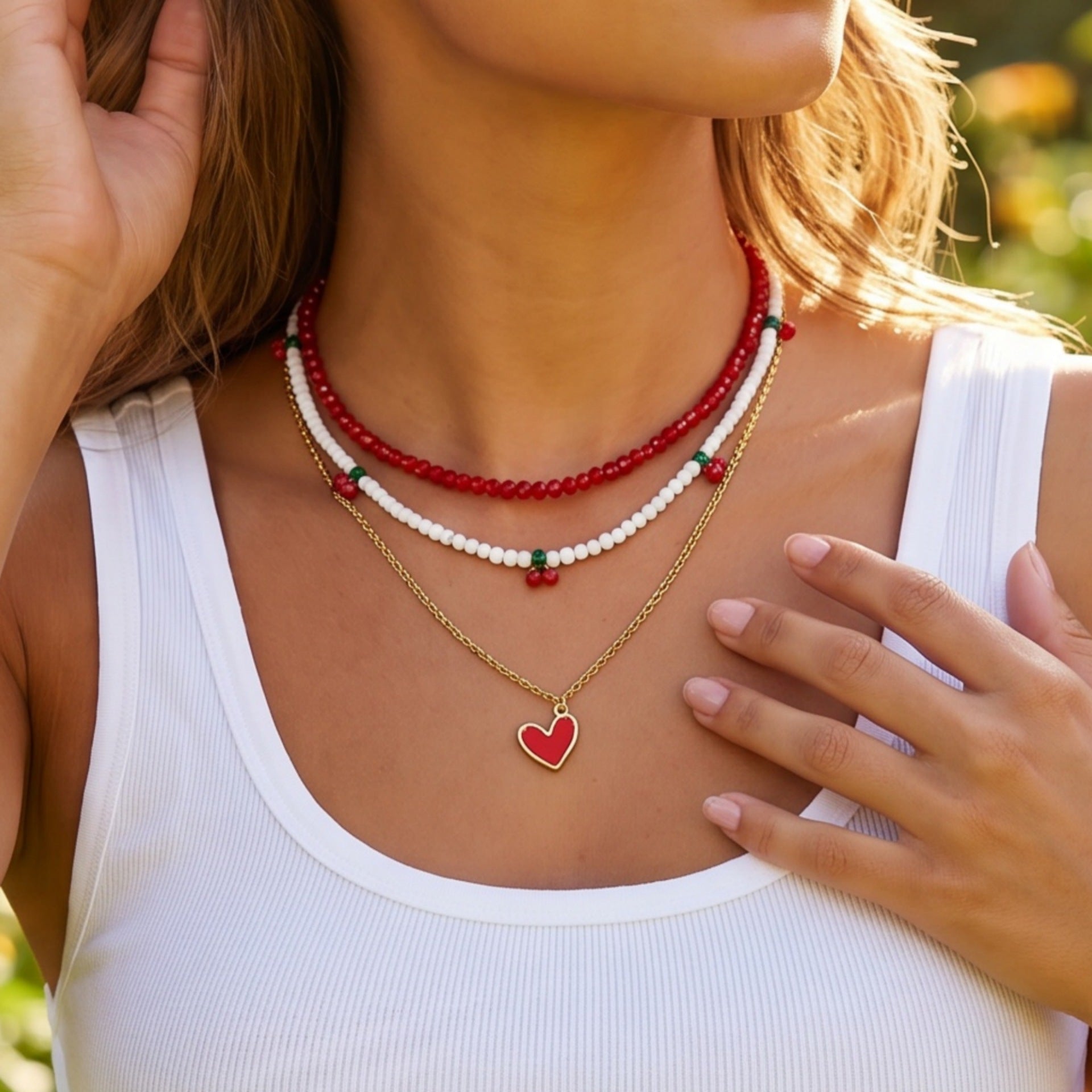 Wholesale Sweet Cool Multi Layer Beaded Red Heart Pendant Necklace Fashion Jewelry Accessory For Gift And Boutique Resale